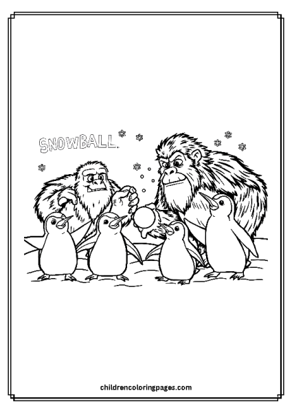 Big Foot And Yeti Having Snowball Fight With Penguins Free PDF Printable