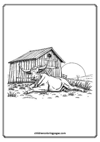 Bull Resting By A Barn Free PDF Printable