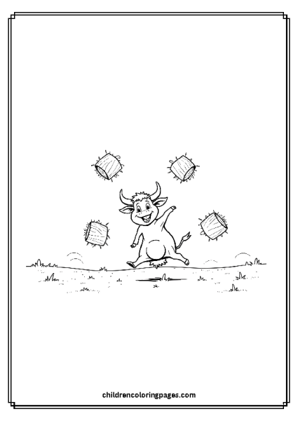 Cartoon Bull Juggling Hay Bales Free PDF Printable