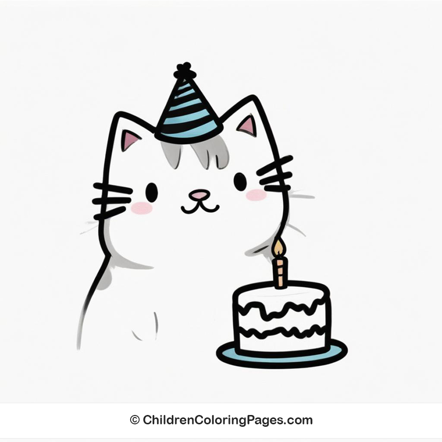 Cat With Birthday Hat And Cake Drawing