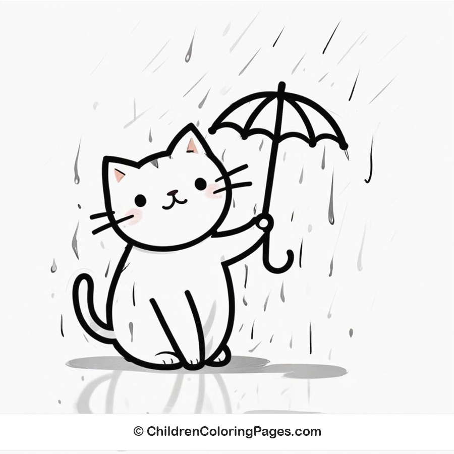 Cat With Umbrella In Rain Drawing