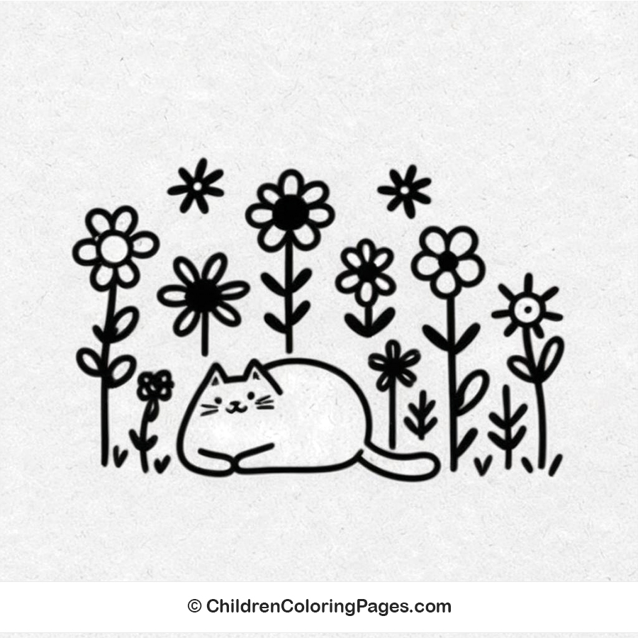 Cat In Flower Garden Drawing