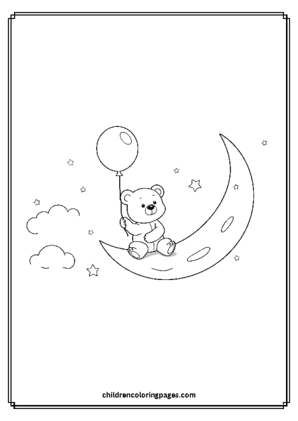 Cute Baby Bear Sitting On A Moon Holding A Balloon Free PDF Printable