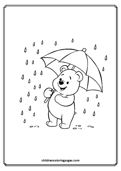 Happy Winnie The Poo Holding Umbrella Free PDF Printable