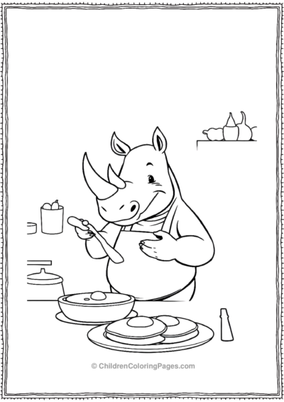 A-Cartoon-Rhino-Cooking-Pancakes-In-The-Kitchen Free PDF Printable