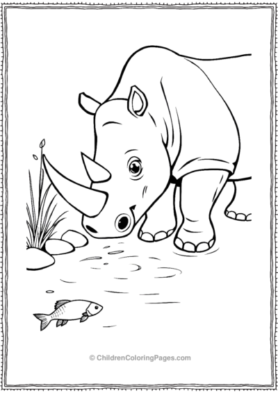 A-Cartoon-Rhino-Drinking-From-A-Stream-With-Fish Free PDF Printable