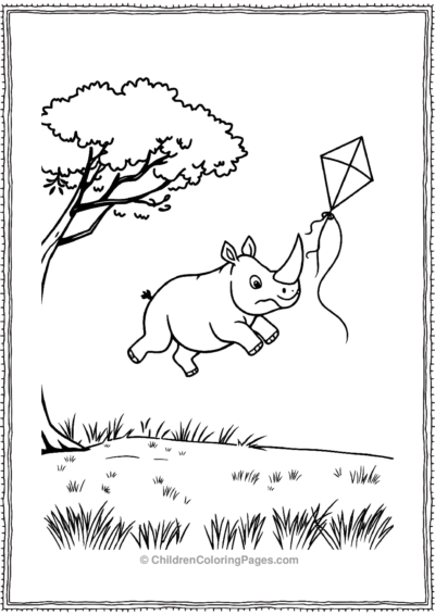 A-Cartoon-Rhino-Flying-A-Kite-In-The-Park Free PDF Printable