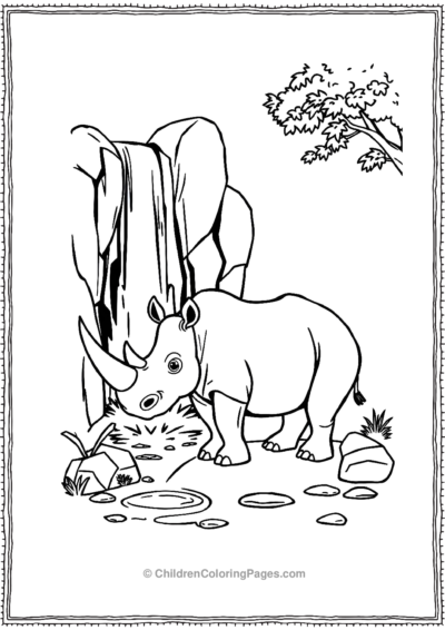 A-Cartoon-Rhino-Standing-Beside-A-Waterfall Free PDF Printable