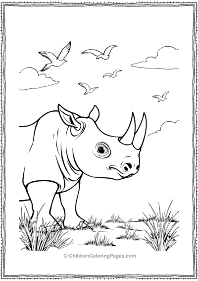 A-Cartoon-Rhino-Watching-Birds-Flying-In-The-Sky Free PDF Printable