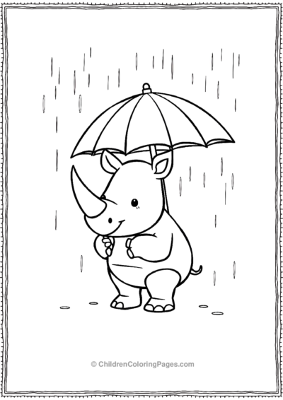 A-Kawaii-Rhino-Holding-An-Umbrella-In-The-Rain Free PDF Printable