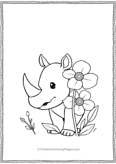 A-Kawaii-Rhino-Peeking-From-Behind-A-Big-Flower Free PDF Printable