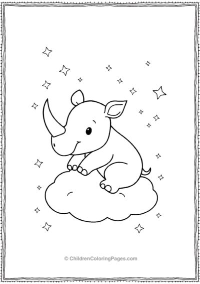 A-Kawaii-Rhino-Sitting-On-A-Cloud-With-Stars Free PDF Printable