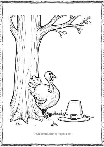 A-Line-Drawing-Of-A-Turkey-Hiding-Behind-A-Tree Free PDF Printable