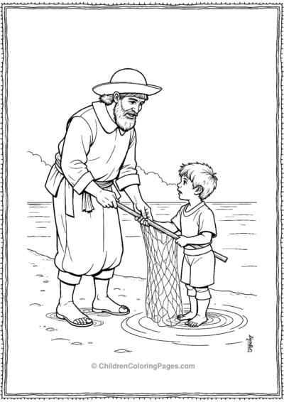 A-Pilgrim-Man-Showing-His-Son-How-To-Catch-Fish Free PDF Printable