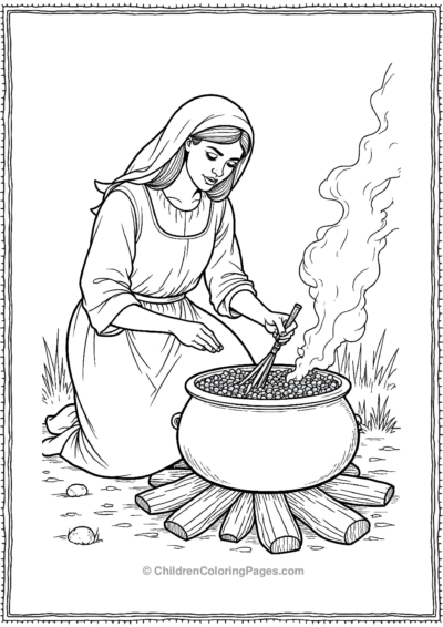 A-Pilgrim-Woman-Cooking-Corn-In-A-Simple-Iron-Pot Free PDF Printable