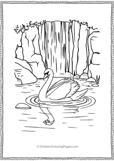 A-Swan-Swimming-Near-Waterfall Free PDF Printable