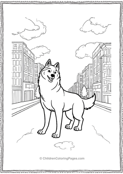 Cartoon-Husky-In-A-Geometric-Cityscape-Buildings Free PDF Printable