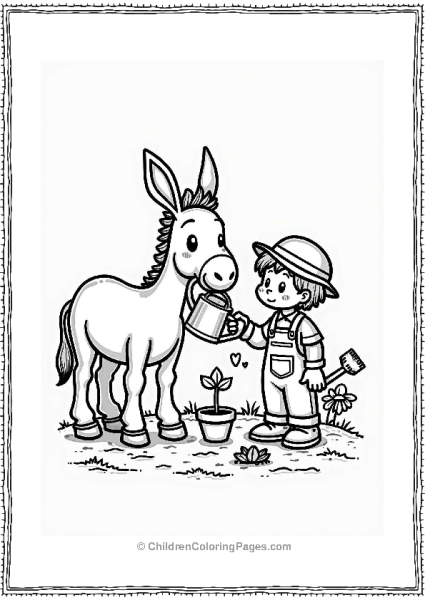 Donkey Assisting Gardener With Watering Can Free PDF Printable