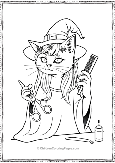 Hairdresser-Cat-Styling-A-Witchs-Hair-With-Spider Free PDF Printable