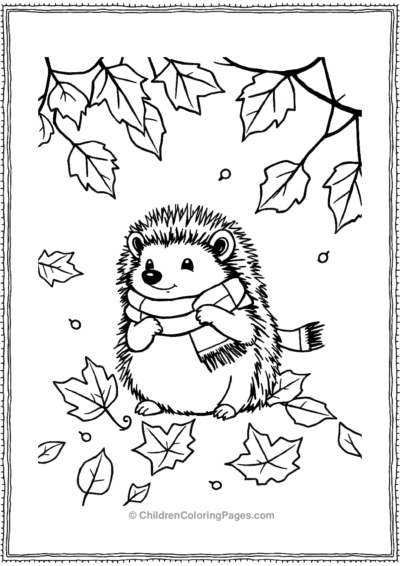 Hedghog-Wearing-A-Scarf-Playing-In-Leaves Free PDF Printable