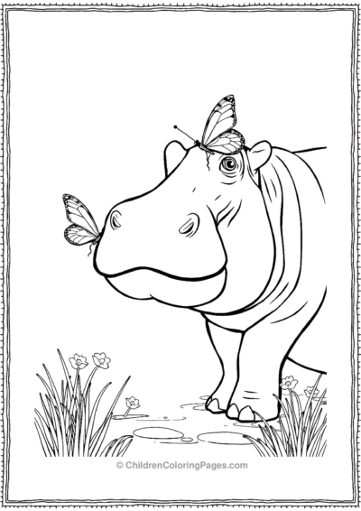 Hippo-With-A-Small-Butterfly-Landing-On-Its-Nose Free PDF Printable