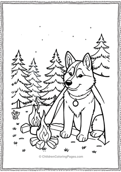 Husky-Camping-By-A-Fireplace Free PDF Printable