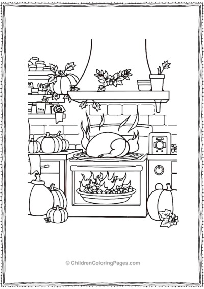 Kitchen-scene-with-turkey-roasting Free PDF Printable