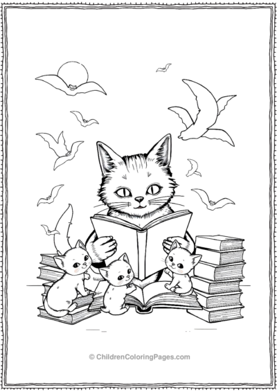 Librarian-Cat-Reading-Spooky-Stories-To-Little-Kit Free PDF Printable