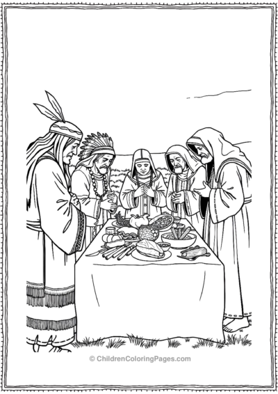 Native-American-Elders-And-Pilgrim-Leaders-Blessining-The-Thanksgiving-Dinner Free PDF Printable