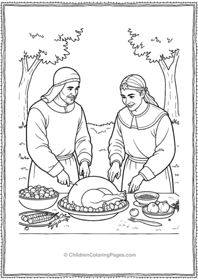 Pilgrims-And-Native-Americans-Preparing-Roasted-Turkey Free PDF Printable