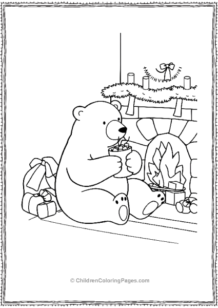 Polar Bear Drinking Hot Cocoa By A Fireplace Free PDF Printable