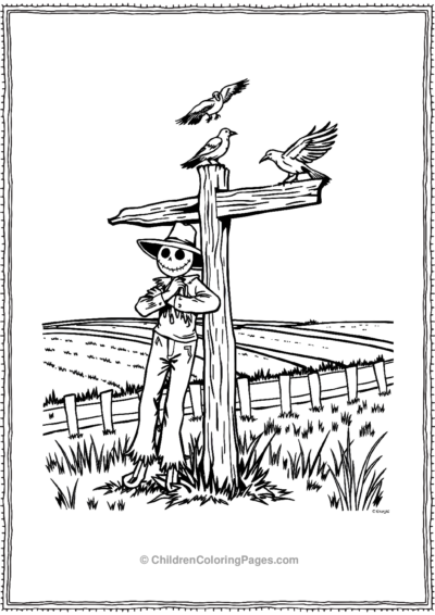 Scarecrow-against-a-croocked-sign-board Free PDF Printable