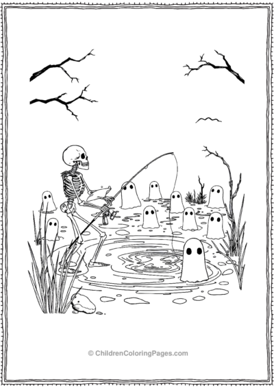 Skeleton Fishing In An Eeria Pond Free PDF Printable