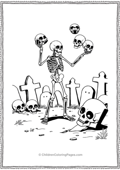 Skeleton-juggling-skulls-in-a-graveyard-spooky-set Free PDF Printable