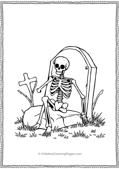 Skeleton Resting Against A Tombstone Free PDF Printable