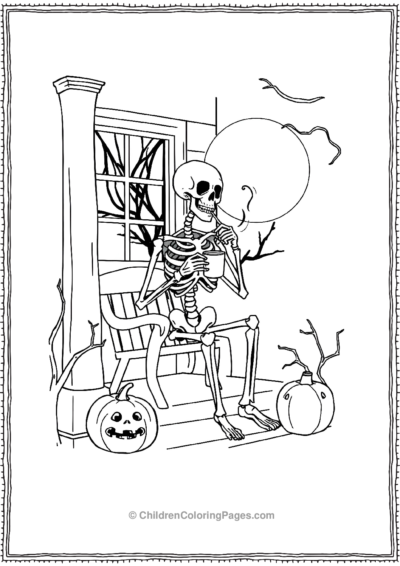 Skeleton-sipping-tea-in-spooky-porch Free PDF Printable