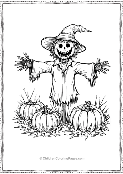 Smiling-scarecrow-with-pumpkins Free PDF Printable