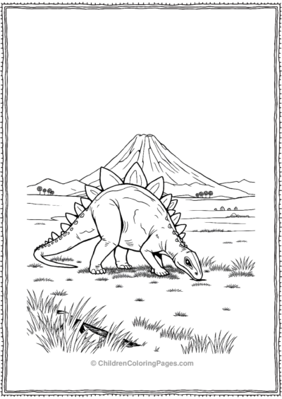 Stegosaurus-Grazing-In-A-Field-With-Volcano-Far Free PDF Printable