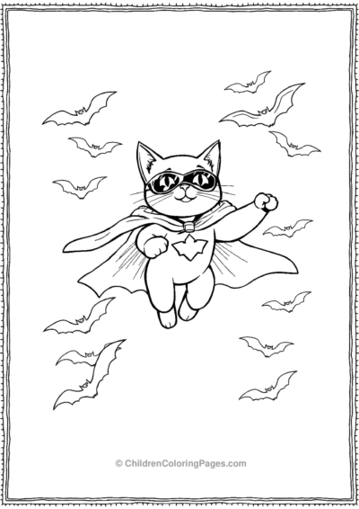 Superhero-Cat-Flying-Through-Bats Free PDF Printable