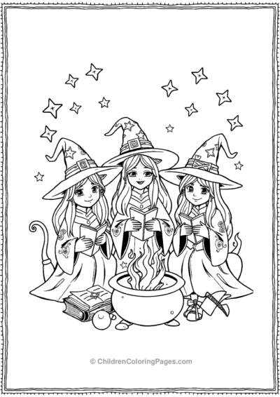 Three-Witch-Friends-Sitting-By-The-Fire-Reading-A-Cursed-Book Free PDF Printable