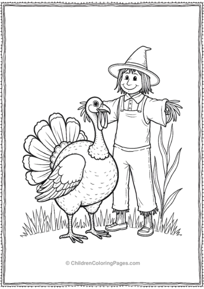 Turkey-Standing-With-A-Scarecrow Free PDF Printable