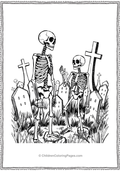 Two Skeletons Standing In Graveyard Free PDF Printable