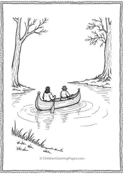 Wampanoag-Canoe-In-Simple-River-Scene-With-Pilgrims Free PDF Printable