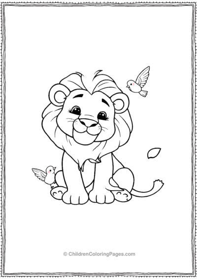 Cartoon-lion-playing-with-birds Free PDF Printable