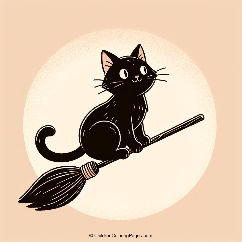 Flying Broomstick With A Black Cat Drawing