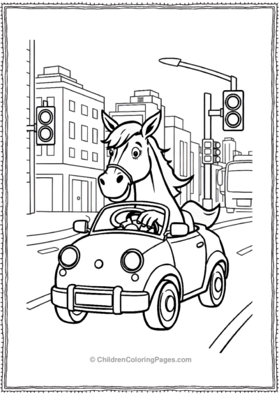 Horse-driving-a-car-in-a-city Free PDF Printable