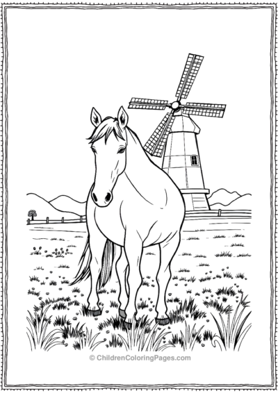 Realistic-horse-in-pasture-with-windmill Free PDF Printable