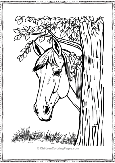 Realistic-horse-peeking-from-behind-a-tree Free PDF Printable