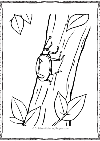 A Beetle Crawling Up A Tree Trunk With A Simple Leaf Free PDF Printable