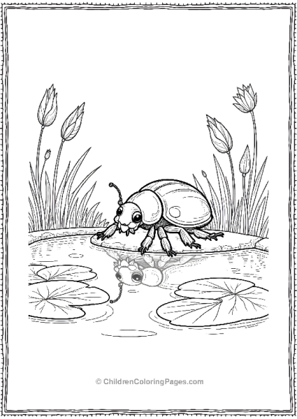 A Beetle Near A Small Pond With Simple Lily Pads Free PDF Printable